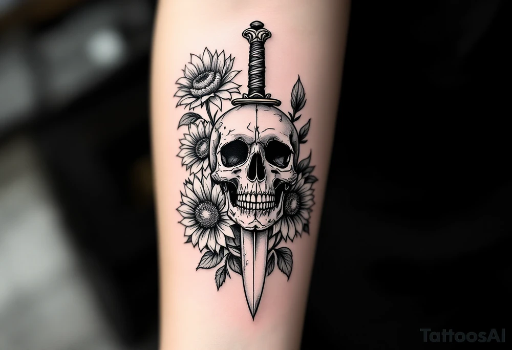 Skull, heart and dagger with roses and sunflowers tattoo idea