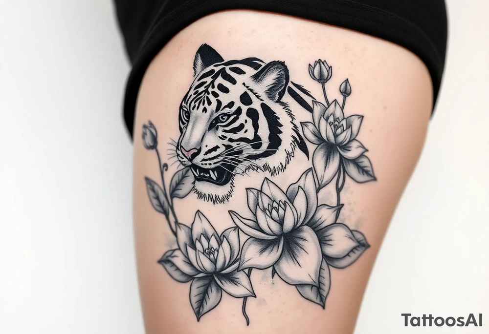 fierce tiger emerging through blooming lotus flowers in mist tattoo idea