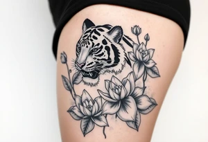 fierce tiger emerging through blooming lotus flowers in mist tattoo idea