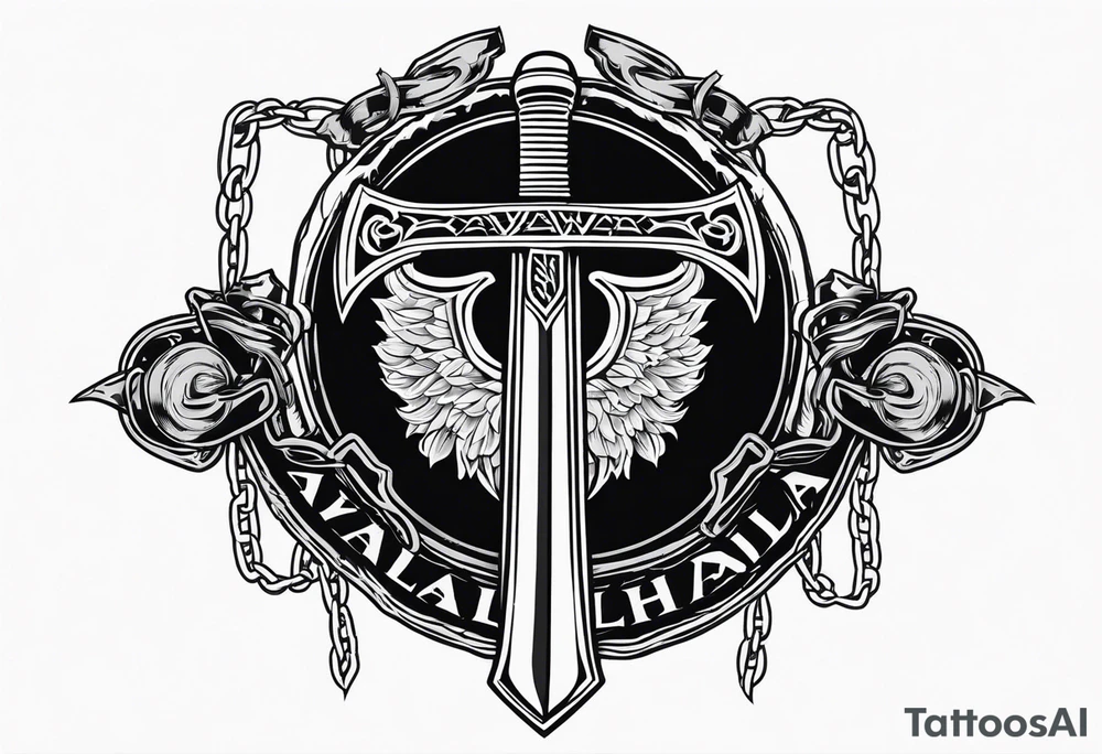 Valhalla sword round shield axe barbed wire chains dark cloud tattoo idea