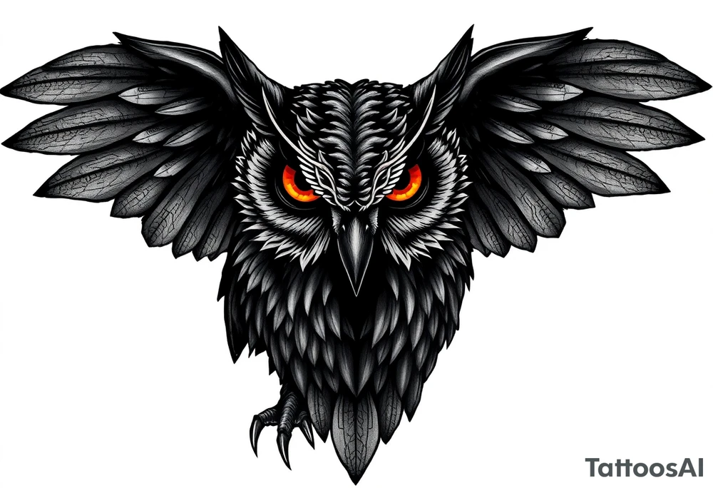 a demonic owl dark with contrast and detail. the owls wings are  and open, the owls
 eyes are dark orange tattoo idea
