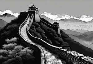 Great Chinese wall, realistic, art, gezeichnet, fine line, black and grey, foggy tattoo idea