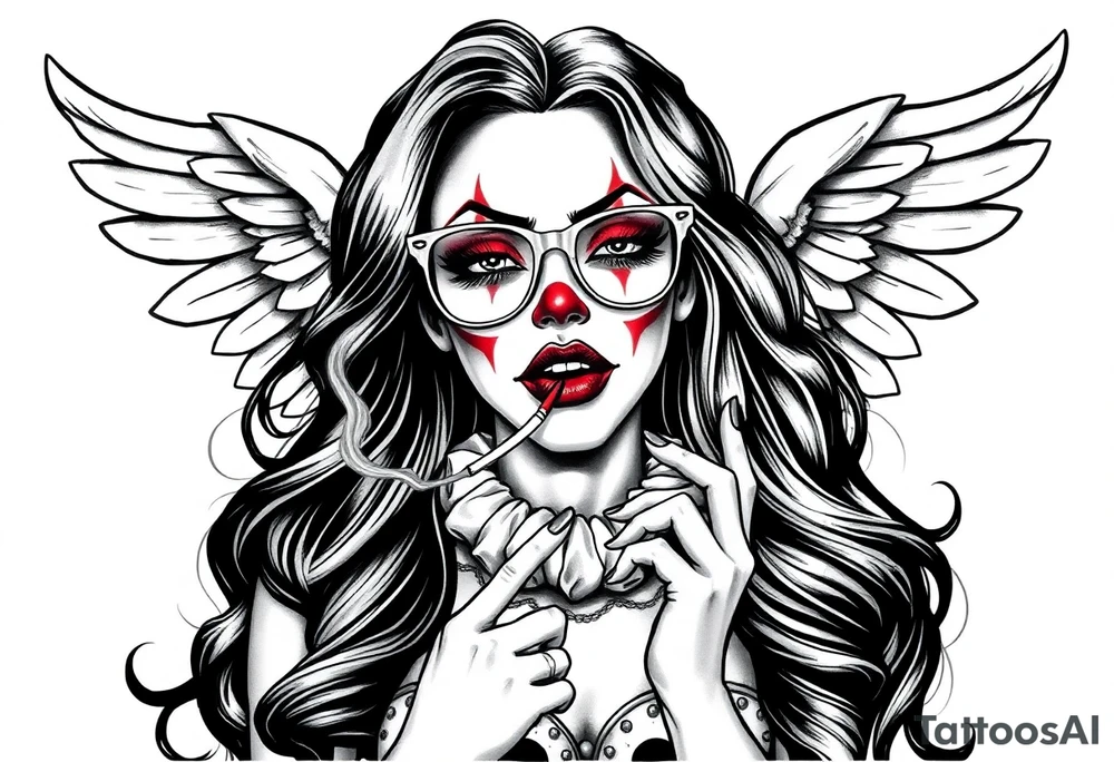 beautiful long hair pin up Clown Girl thug eyeglasses angelic wings smoking a cigarette tattoo idea