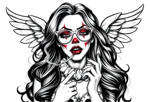 beautiful long hair pin up Clown Girl thug eyeglasses  angelic wings smoking a cigarette tattoo idea