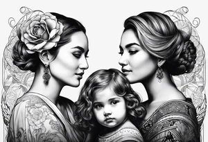 three person side by side. a really young Daughter on the left, mother in the middle, really old grandmother on the right. greater age difference tattoo idea