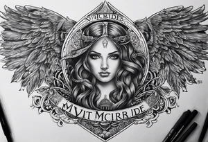 A full back piece themed on the surname mcbride. It should not have any faces in it. It should have a hand holding fire. It should have the text Vincit Pericula Virtus in large writing on it tattoo idea