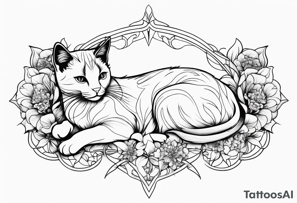 Art nouveau forearm tattoo of cat laying in flowers tattoo idea