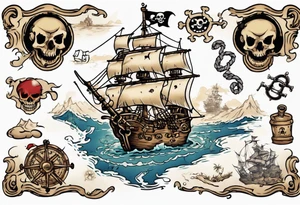 a back tattoo of a pirate treasure map with an island shaped like a big skull with clues to different areas of treasure tattoo idea