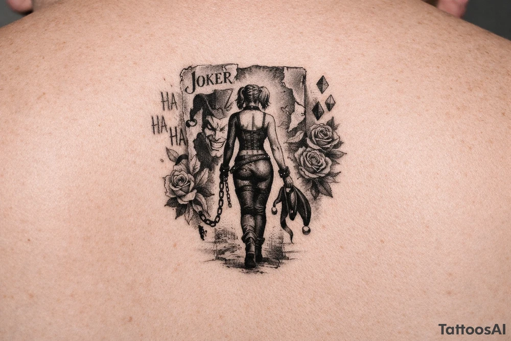 A black-and-grey rib tattoo showing Harley walking forward with her back turned to a torn Joker card behind her. One broken chain falls from her wrist, while her jester hood hangs loosely from her hand—showing that she is leaving the old version of herself behind. The words “Ha Ha Ha” fade near the Joker card, while diamonds and roses flow upward alongside Harley. tattoo idea