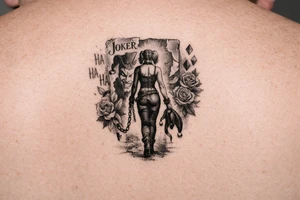 A black-and-grey rib tattoo showing Harley walking forward with her back turned to a torn Joker card behind her. One broken chain falls from her wrist, while her jester hood hangs loosely from her hand—showing that she is leaving the old version of herself behind. The words “Ha Ha Ha” fade near the Joker card, while diamonds and roses flow upward alongside Harley. tattoo idea