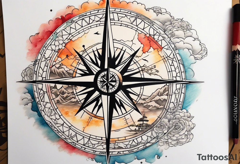 Travel themed for thigh, compass rose overlaid with a map tattoo idea