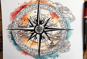 Travel themed for thigh, compass rose overlaid with a map tattoo idea