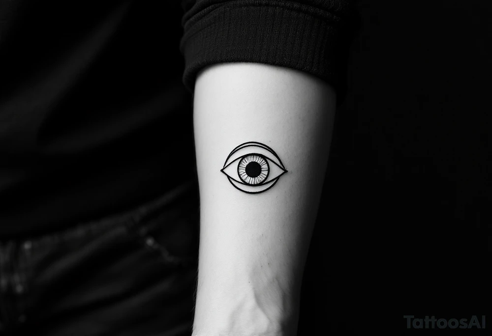 Simple black line tattoo of an eye centered in a perfect circle, thin lines, minimal design. tattoo idea