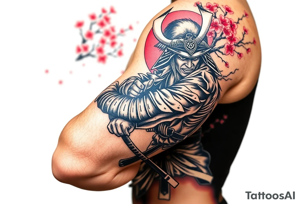 Samurai in a fighting position on the forearm with a cherry blossom tree on the shoulder. Background should be some cherry blossoms with a japanese village in the background. tattoo idea