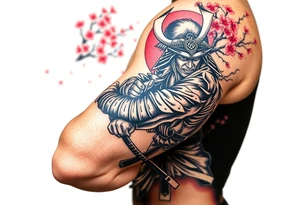 Samurai in a fighting position on the forearm with a cherry blossom tree on the shoulder. Background should be some cherry blossoms with a japanese village in the background. tattoo idea