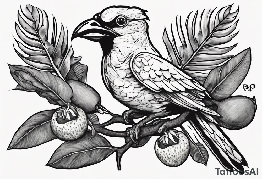 A vibrant Doctor Bird perched on a branch of ackee fruits, surrounded by lush tropical foliage. Below, the roots of a tree could form the shape of Jamaica's outline, with the initials of family members delicately incorporated into the branches or the trunk. tattoo idea