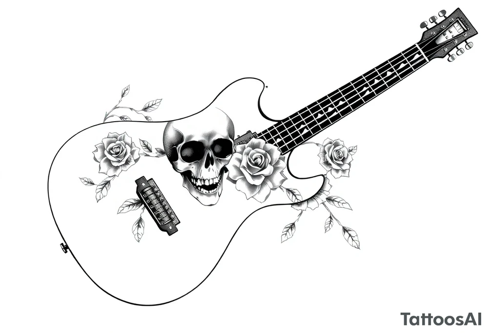 Electric guitar with skulls and roses printed on it tattoo idea
