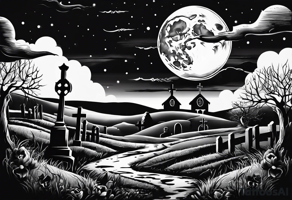 graveyard with moon with the words death where is your sting tattoo idea