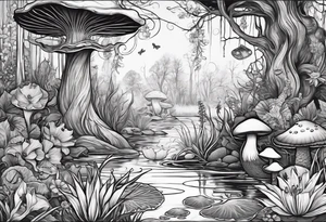 A swamp that has a mermaid in the middle with cypress trees, mushrooms, wild flowers, lily pads, frogs, and bugs all around. tattoo idea