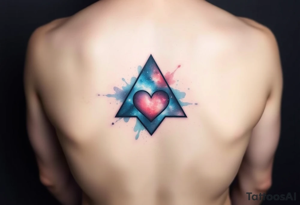 A single triangle with a heart in the center with 
galaxy in background tattoo idea