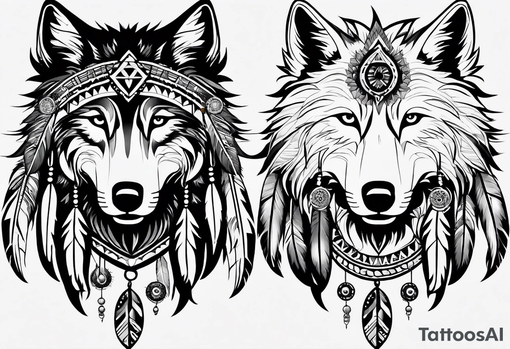 Inspired by Native American art, featuring traditional patterns and symbols like feathers and dreamcatchers integrated with the wolf’s image. tattoo idea