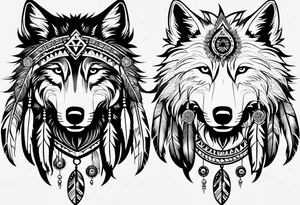 Inspired by Native American art, featuring traditional patterns and symbols like feathers and dreamcatchers integrated with the wolf’s image. tattoo idea