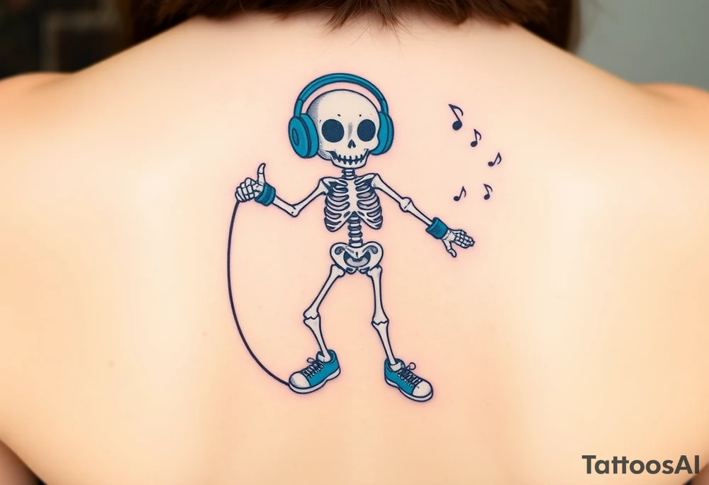 Cute smiling skeleton jumping on a jump rope with blue headphone and blue tennis shoes and blue armbands with nice  music notes tattoo idea