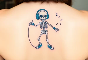 Cute smiling skeleton jumping on a jump rope with blue headphone and blue tennis shoes and blue armbands with nice  music notes tattoo idea
