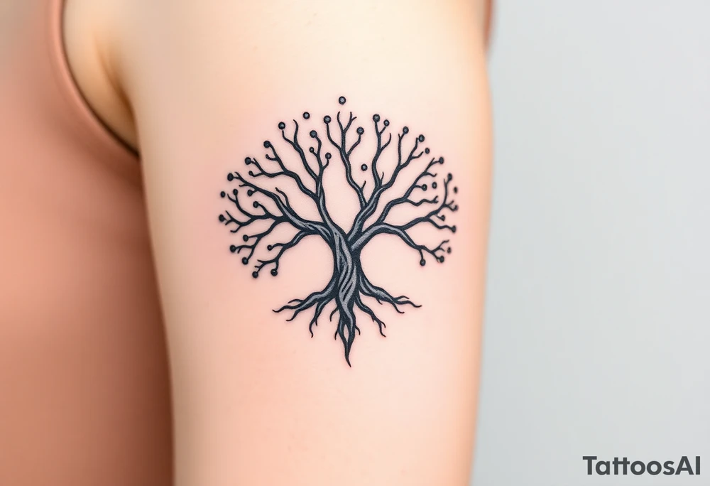 mystical tree of life with cosmic roots and celestial branches tattoo idea