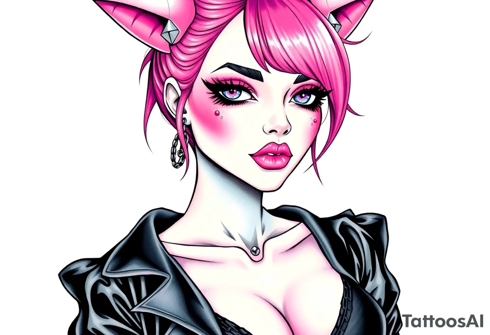 hot goth girl with puppy ears and with piercings on face and big boobs and big butt with black outfit on with pink hair tattoo idea