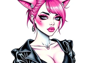 hot goth girl with puppy ears and with piercings on face and big boobs and big butt with black outfit on with pink hair tattoo idea