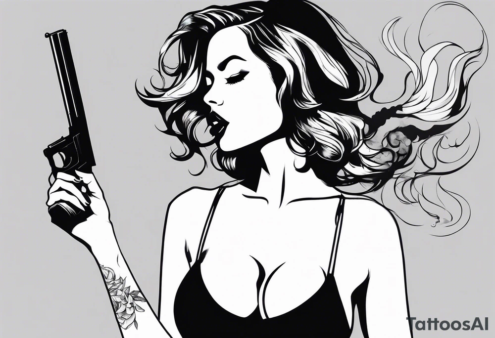 sexy girl holding gun in bra and mini shorts blowing smoke tattoo idea