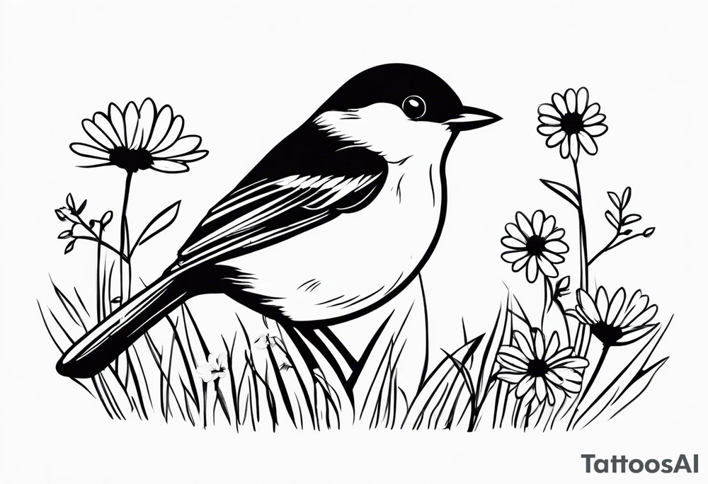 Little bird out perched on grass and daisys tattoo idea