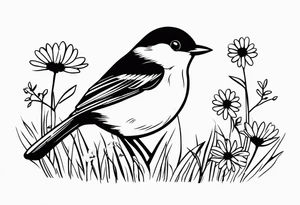 Little bird out perched on grass and daisys tattoo idea