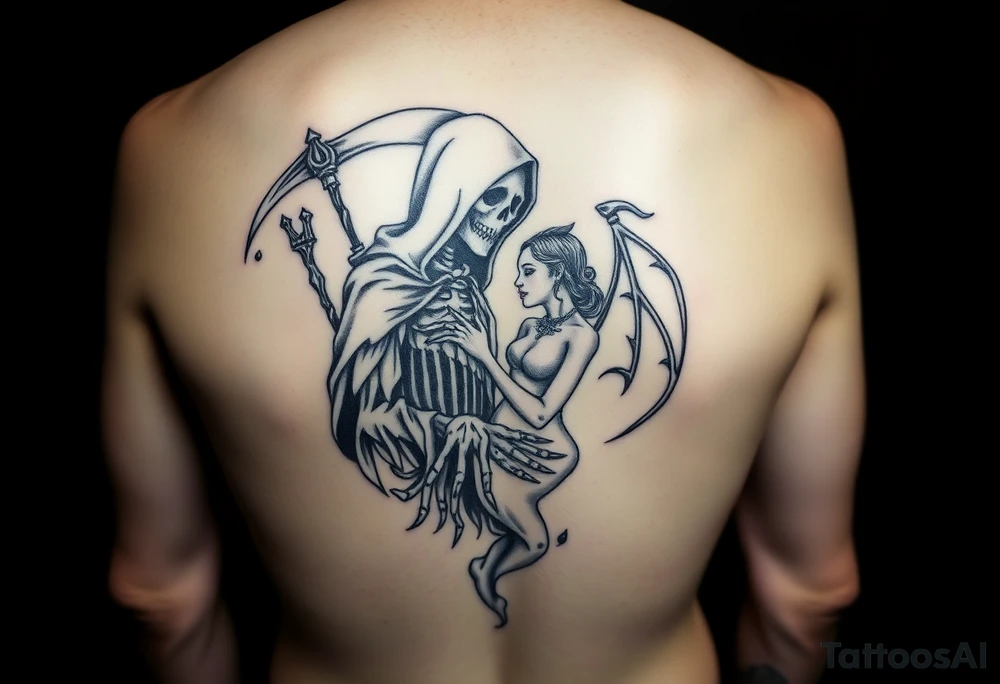 Grim reaper in love with female demon tattoo idea