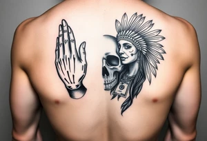 Feamle praying hands half sugar skull half indian woman with praying hands 100dollar bills and realistic tattoo idea