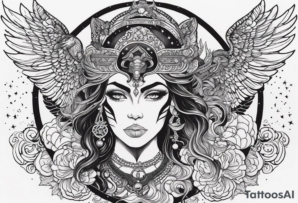 black kali, goddess pirate, alien, angel, pachamama, valkrye, warrior, flying, skull, lotus azul, wing, eagle, zenza resonance, stars, 5D, anahata chakra, death, durga, riding on a tiger, flying lady, chest tatoo tattoo idea