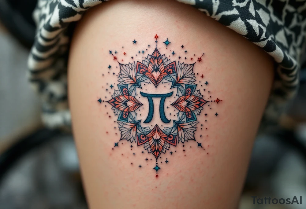 A Pisces star constellation in coral and turquoise threads its way through the Pisces sign in a mandala-style pattern. tattoo idea