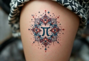 A Pisces star constellation in coral and turquoise threads its way through the Pisces sign in a mandala-style pattern. tattoo idea