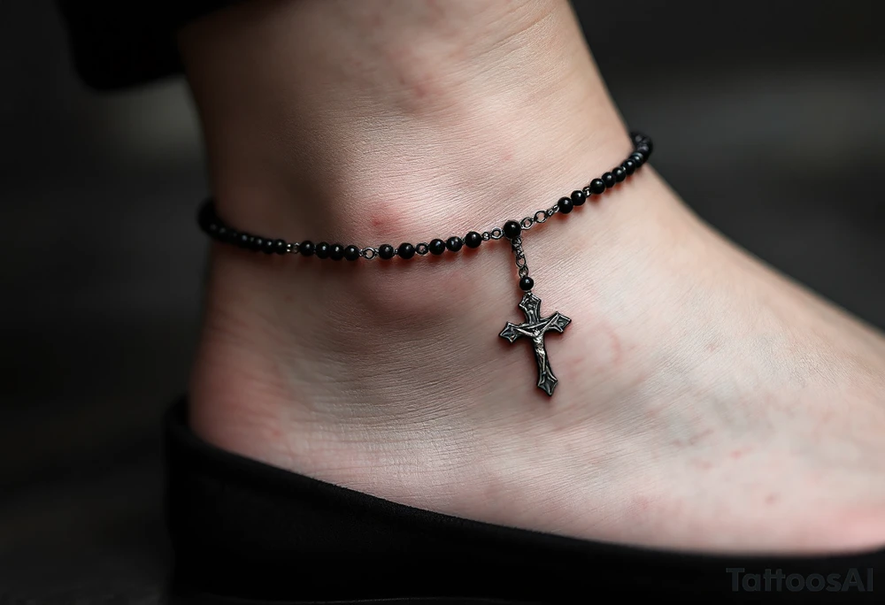 Delicate black‑ink rosary wrapping twice around the ankle, fine bead‑by‑bead shading that creates soft depth; each bead slightly worn for a vintage look, ending at the front of the ankle with a small detailed silver‑gray crucifix that rests just below the anklebone, subtle highlights on the chain links to suggest polished metal while keeping the overall palette muted charcoal and cool gray for an elegant, timeless feel. tattoo idea