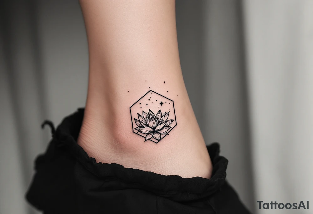 Hexagon with larkspur, water Lilly and Leo constellation tattoo idea
