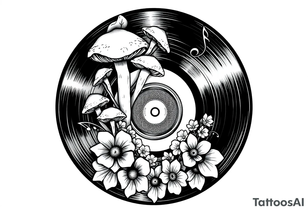vinyl record with mushrooms, flowers, and music notes tattoo idea