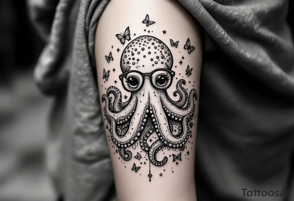 cute octopus, wearing glasses, friendly, surrounded by butterflies and oceanic items, grey ink, monochrome grey color tattoo idea