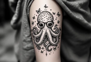 cute octopus, wearing glasses, friendly, surrounded by butterflies and oceanic items, grey ink, monochrome grey color tattoo idea