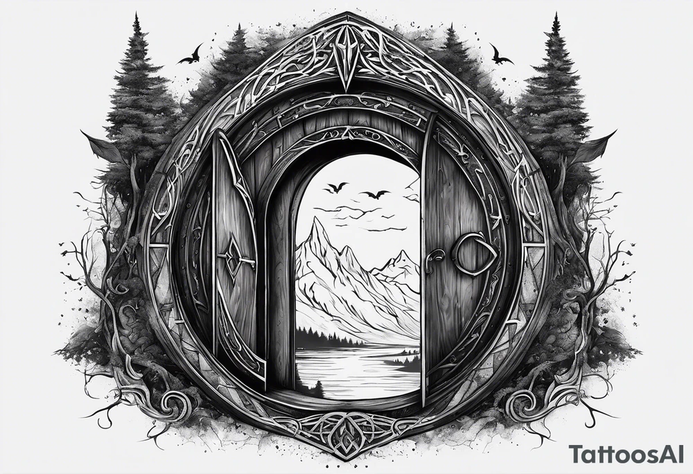 Lord of the rings and Harry Potter movie mashup. Small and simple. Hobbit door hole, wands, elvish writing, deathly hallows tattoo idea