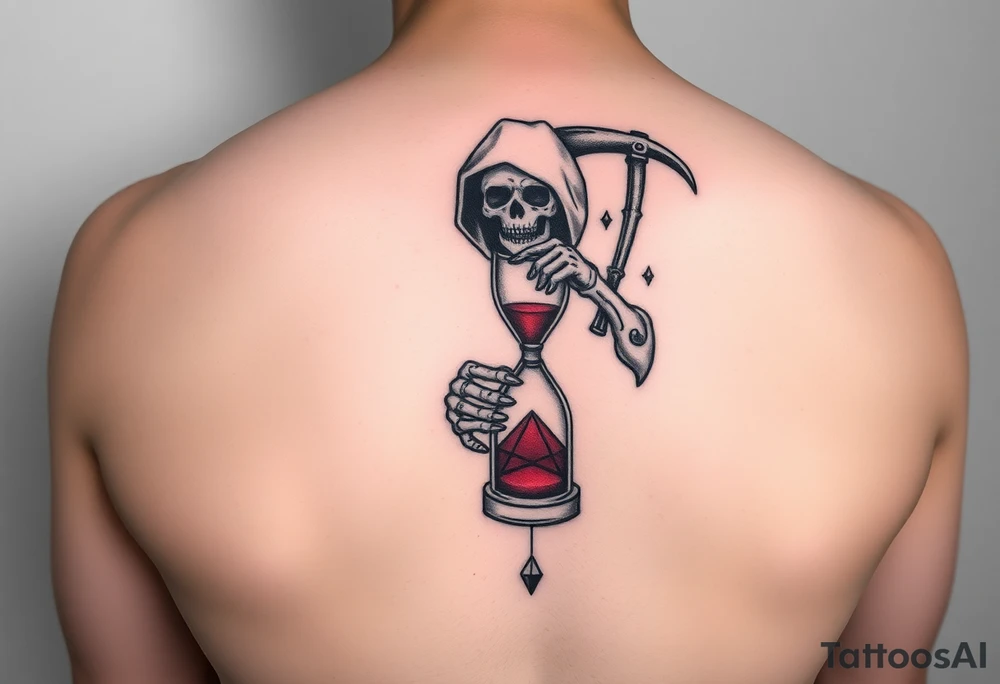Simple grim reaper holding a hourglass with red sand and diamond like geometric shapes tattoo idea