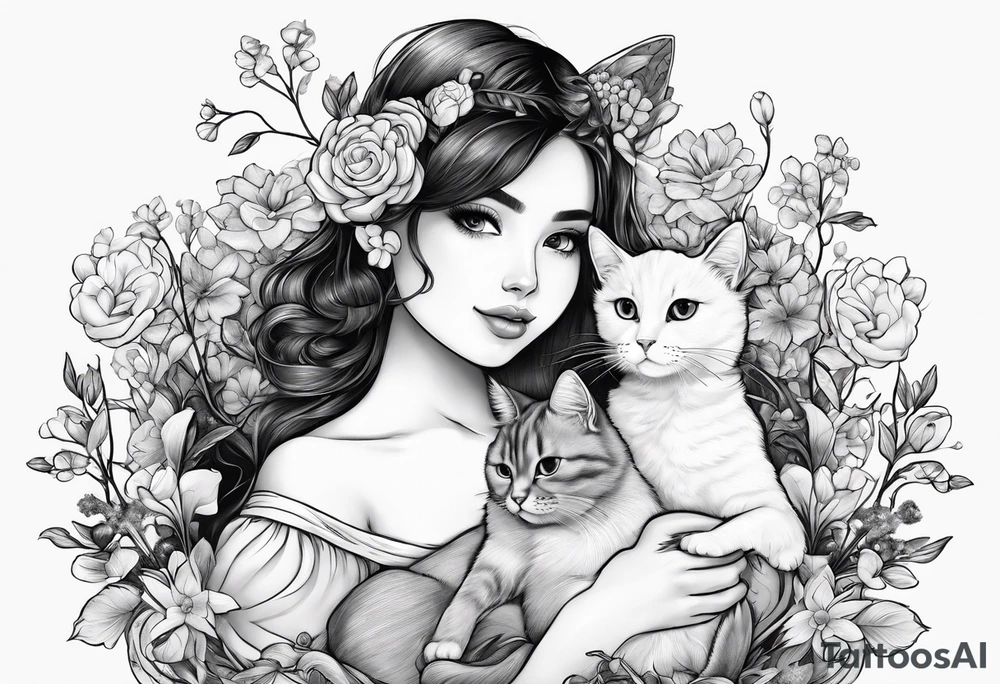 cute girl with baby's breath flower with a dog and a cat and eat beefsteak tattoo idea
