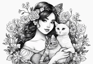 cute girl with baby's breath flower with a dog and a cat and eat beefsteak tattoo idea
