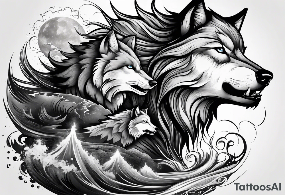Powerful storm with wolf tattoo idea