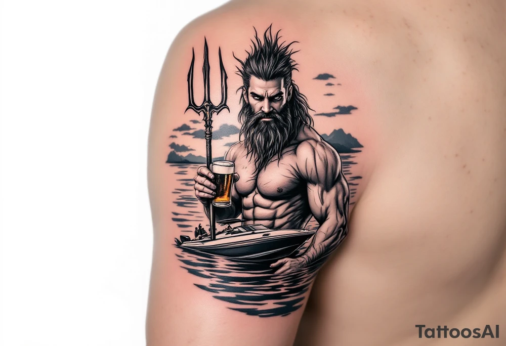 young, happy, fit poseidon in calm water, holding a trident, drinking a beer, with sunset, with ski boat tattoo idea